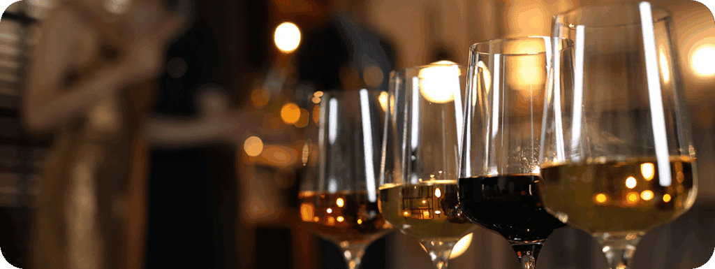 Wine glasses lined up for a tasting