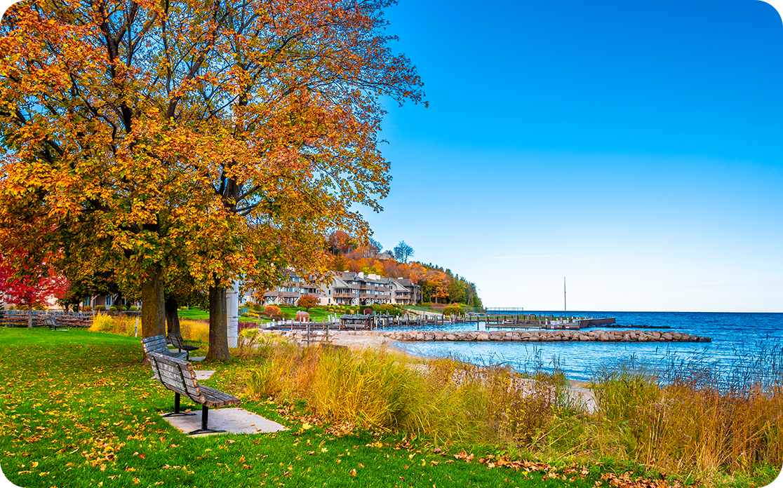 Fall colors over Sister Bay Harbor