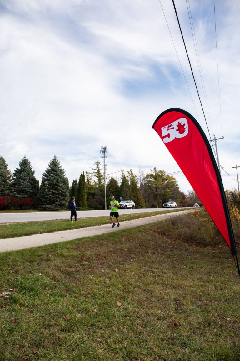 Fall 50 course flag along the trail in Sister Bay