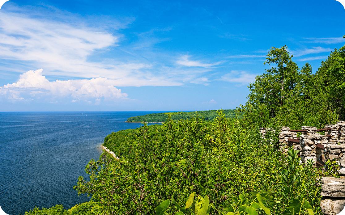View of Lake Michigan from a wooded bluff